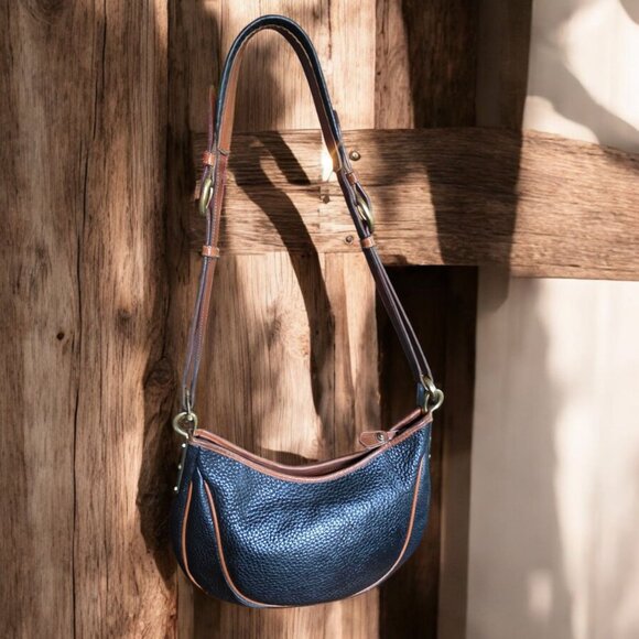 DOONEY & BOURKE VTG  80's All Weather Crescent Sac Leather Navy w British Tan - Picture 5 of 16